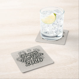 Posavasos Cuadrado De Papel Guión Purpurina plateado y Año Nuevo feliz 2026