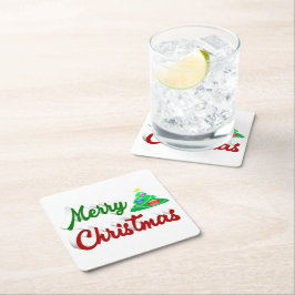 Posavasos Cuadrado De Papel Guión verde rojo del árbol de navidad