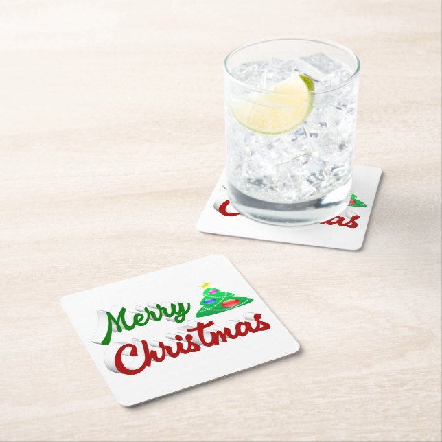 Posavasos Cuadrado De Papel Guión verde rojo del árbol de navidad (In situ)