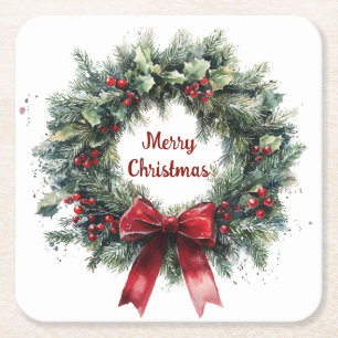 Posavasos Cuadrado De Papel Guirnalda de Navidad hojas de acebo lazo rojo verd