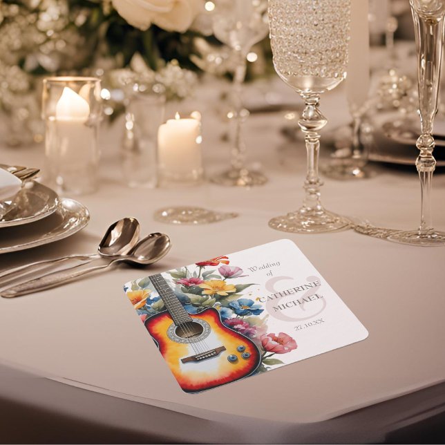 Posavasos Cuadrado De Papel Guitar Wildflower Ampersand Musical Boda (Subido por el creador)