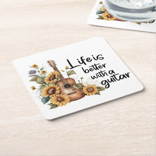 Posavasos Cuadrado De Papel Guitarra De Nombre personalizar Con Girasol (En perspectiva)
