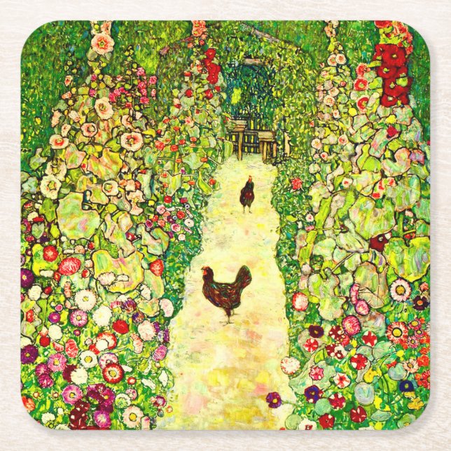 Posavasos Cuadrado De Papel Gustav Klimt Garden con pollos (Anverso)
