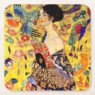 Posavasos Cuadrado De Papel Gustav Klimt Lady con ventilador