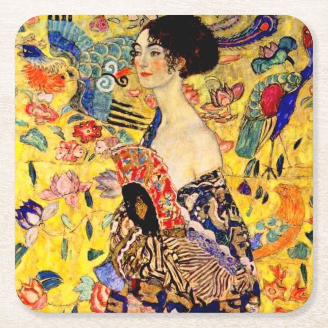 Posavasos Cuadrado De Papel Gustav Klimt Lady con ventilador (Anverso)