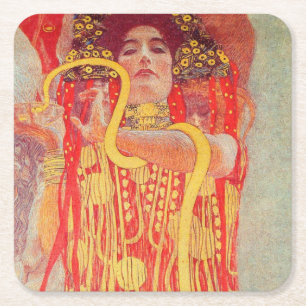 Posavasos Cuadrado De Papel Gustav Klimt Red Woman Gold Snake Pintura