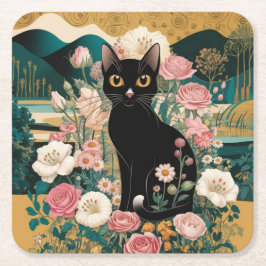 Posavasos Cuadrado De Papel Gustav Klimt Style Black Cat Art