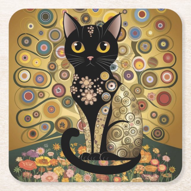 Posavasos Cuadrado De Papel Gustav Klimt Style Black Cat Art (Anverso)