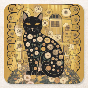 Posavasos Cuadrado De Papel Gustav Klimt Style Black Cat Art