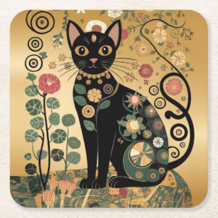 Posavasos Cuadrado De Papel Gustav Klimt Style Black Cat Art
