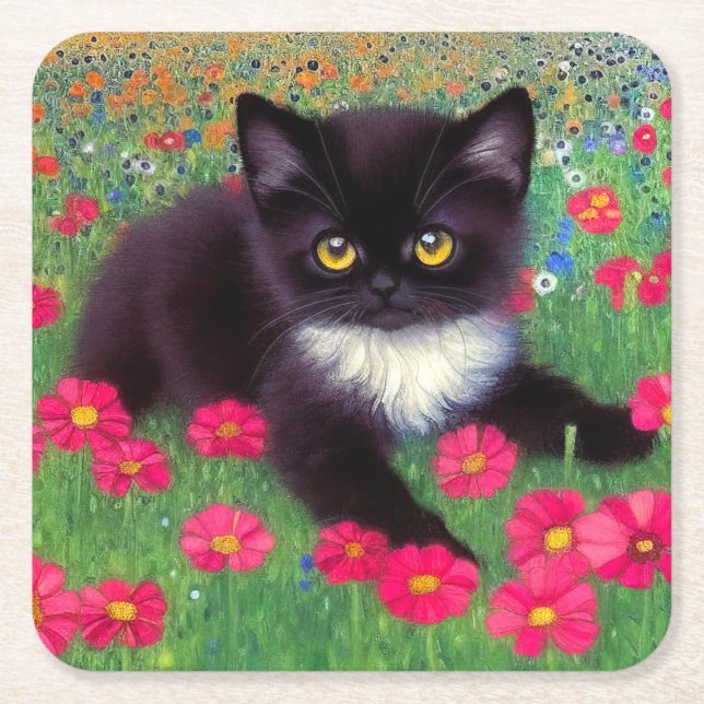 Posavasos Cuadrado De Papel Gustav Klimt Tuxedo Cat (Anverso)