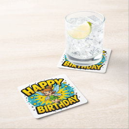 Posavasos Cuadrado De Papel Hada feliz cumpleaños