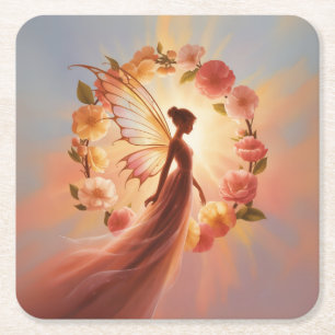 Posavasos Cuadrado De Papel Hada luminosa rodeada de flores – Ilustración mági