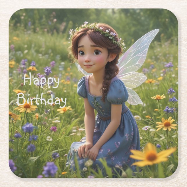 Posavasos Cuadrado De Papel Hadas en Meadow (Anverso)