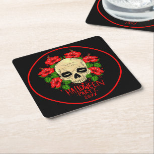 Posavasos Cuadrado De Papel Halloween año 20xx Skull Rojo Hibiscus Negro