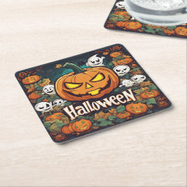 Posavasos Cuadrado De Papel Halloween-Banner mit Kürbissen und Geistern - 