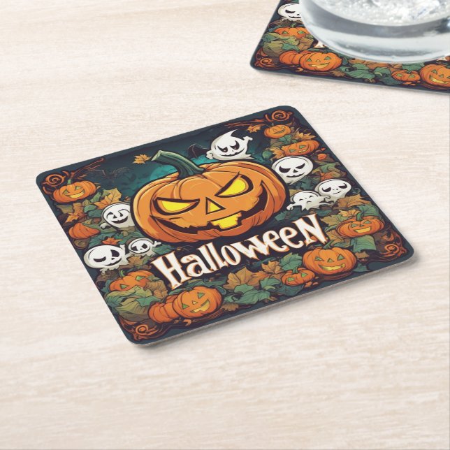 Posavasos Cuadrado De Papel Halloween-Banner mit Kürbissen und Geistern -  (En perspectiva)