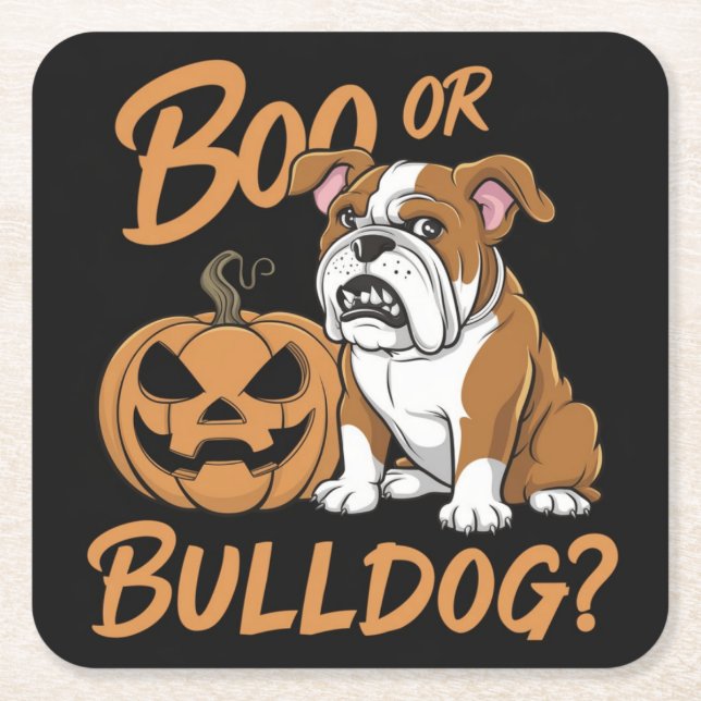 Posavasos Cuadrado De Papel Halloween, Bulldog personalizado: Arte pop (Anverso)