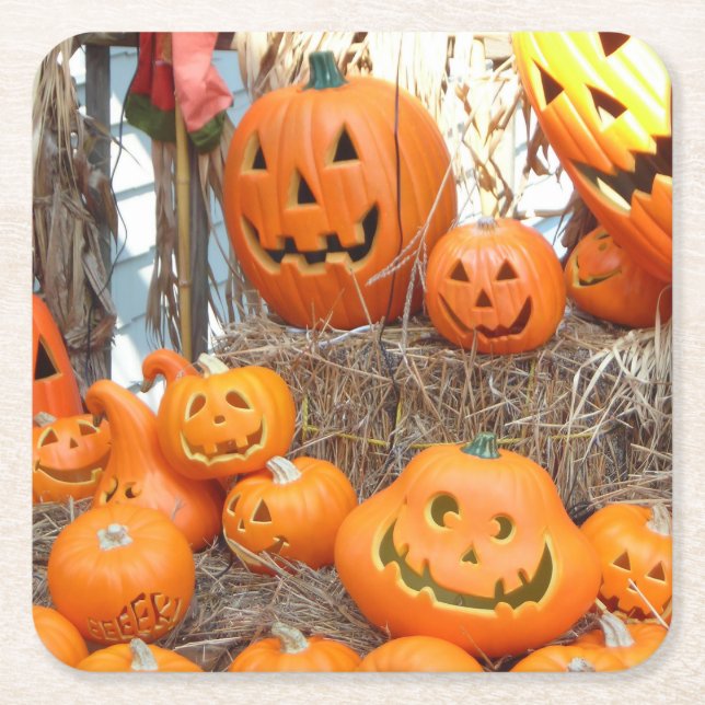 Posavasos Cuadrado De Papel Halloween calabazas de calabazas de naranja de lin (Anverso)
