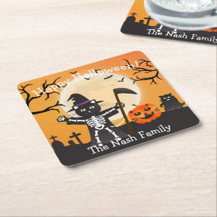 Posavasos Cuadrado De Papel Halloween Cat Grim Reaper