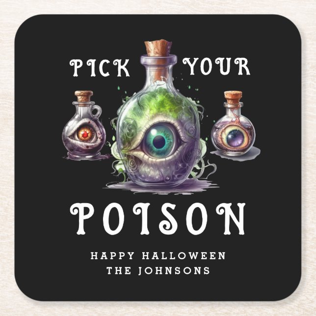 Posavasos Cuadrado De Papel Halloween Cocktail Fiesta elige tu veneno (Anverso)