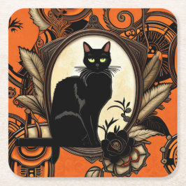 Posavasos Cuadrado De Papel Halloween con gato negro Steampunk