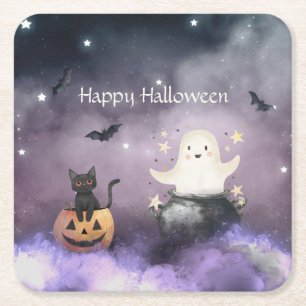 Posavasos Cuadrado De Papel Halloween con gatos y fantasmas