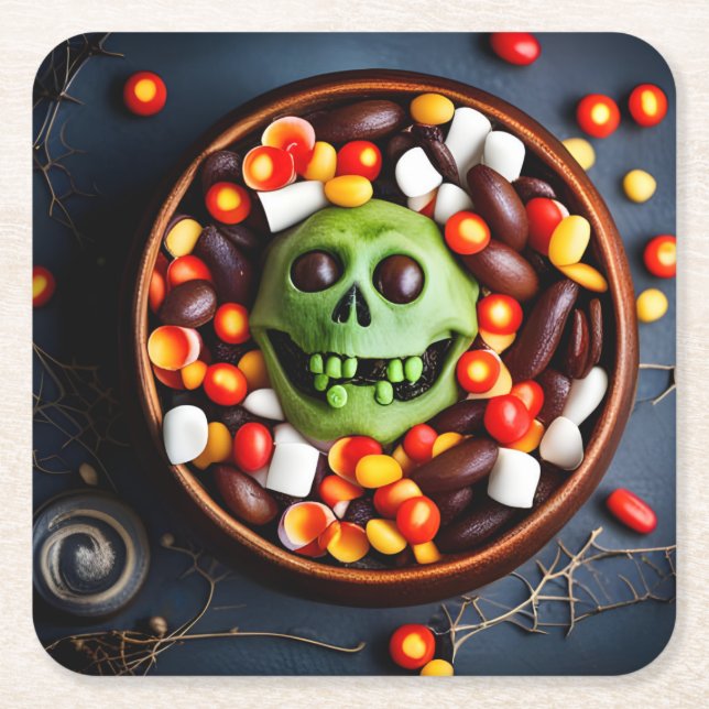 Posavasos Cuadrado De Papel Halloween Creepy Candy Bowl (Anverso)