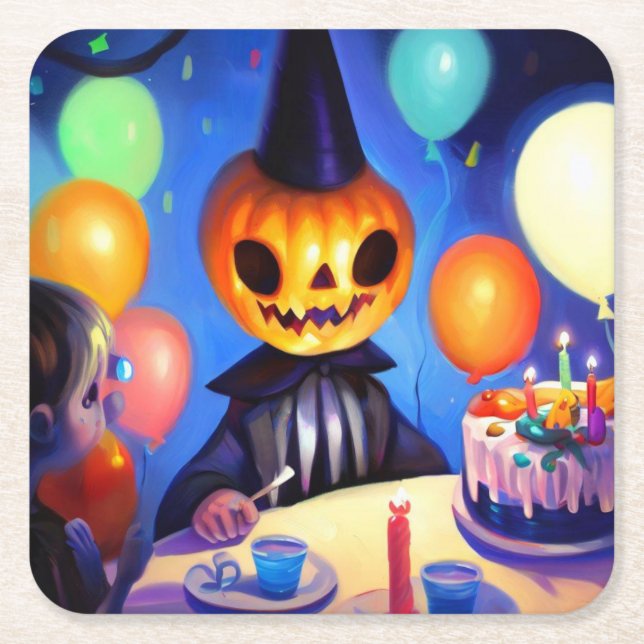 Posavasos Cuadrado De Papel Halloween - Cumpleaños 2 (Anverso)