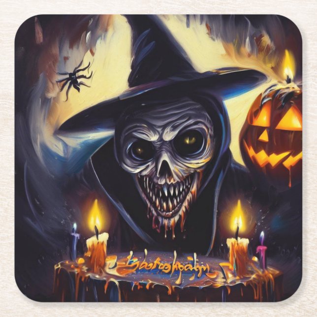 Posavasos Cuadrado De Papel Halloween - Cumpleaños 7 (Anverso)