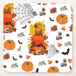 Posavasos Cuadrado De Papel Halloween de Capybara. Calabaza de Brujas.