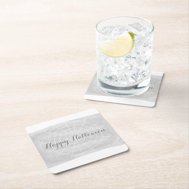Posavasos Cuadrado De Papel Halloween de la araña gris acuarela (In situ)