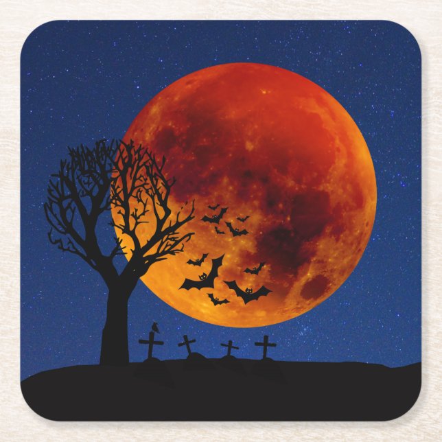 Posavasos Cuadrado De Papel Halloween de la luna de cosecha (Anverso)