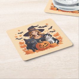 Posavasos Cuadrado De Papel Halloween de los gatos salvajes y calabazas
