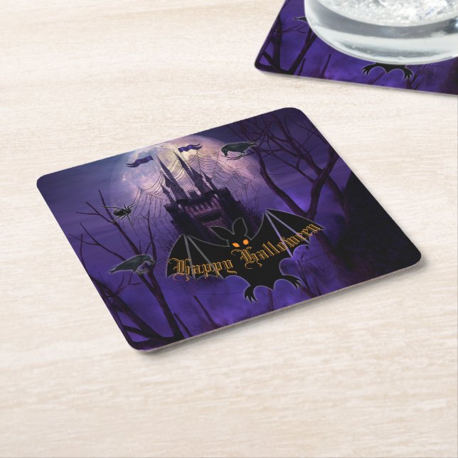 Posavasos Cuadrado De Papel Halloween del castillo de Haunted (En perspectiva)
