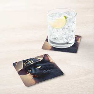 Posavasos Cuadrado De Papel Halloween del gato negro