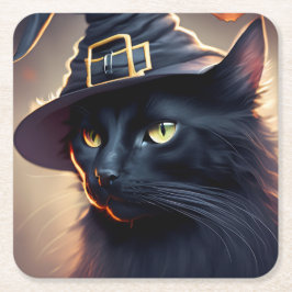 Posavasos Cuadrado De Papel Halloween del gato negro