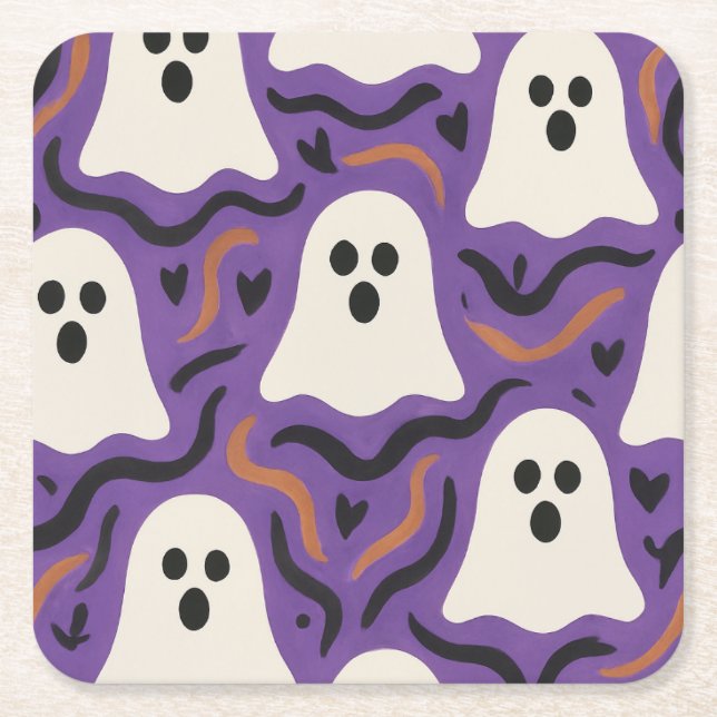 Posavasos Cuadrado De Papel Halloween del patrón fantasma (Anverso)