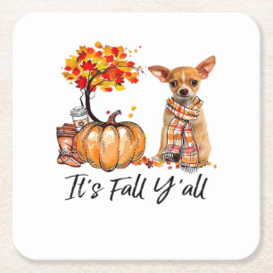 Posavasos Cuadrado De Papel Halloween del perro chihuahua de otoño
