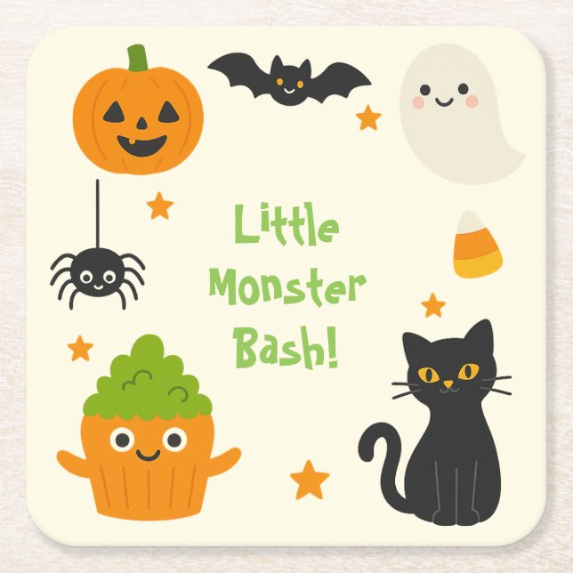 Posavasos Cuadrado De Papel Halloween editable - Bash de pequeños monstruos - (Anverso)