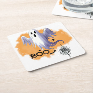 Posavasos Cuadrado De Papel HALLOWEEN Fantasma Con Telaraña