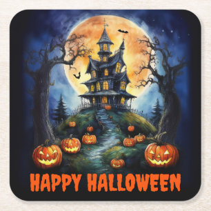 Posavasos Cuadrado De Papel Halloween Haunted House con Pumpkins Fiesta