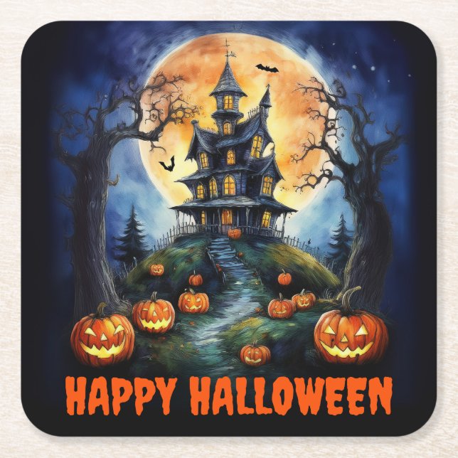 Posavasos Cuadrado De Papel Halloween Haunted House con Pumpkins Fiesta (Anverso)