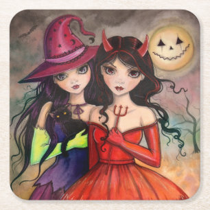 Posavasos Cuadrado De Papel Halloween Hermanas tratan arte o truco