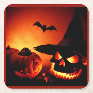 Posavasos Cuadrado De Papel Halloween - Jack-O-Lanterns 6