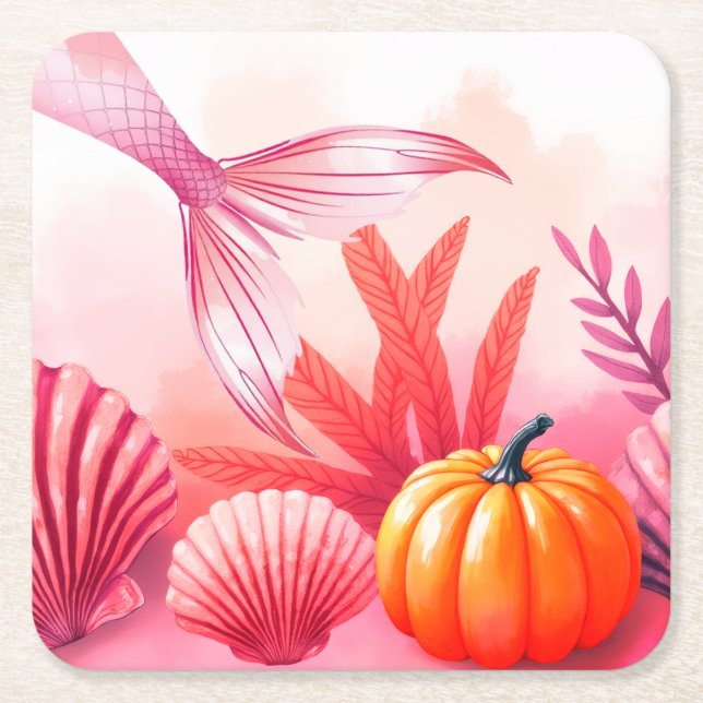 Posavasos Cuadrado De Papel Halloween Mermaid Pink  (Anverso)
