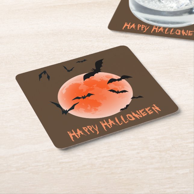 Posavasos Cuadrado De Papel Halloween Naranja Moon Y Black Bats (En perspectiva)