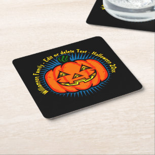 Posavasos Cuadrado De Papel Halloween Nombre Año 20xx Neon Glow Look Pumpkin