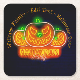 Posavasos Cuadrado De Papel Halloween Nombre Año 20xx Neon Glow Look Pumpkin