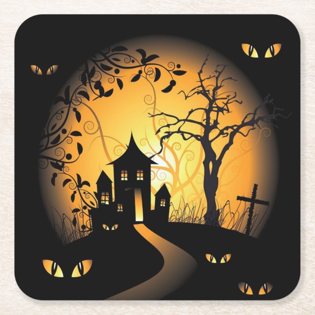 Posavasos Cuadrado De Papel Halloween - Ojos inquietantes vigilándote (Anverso)